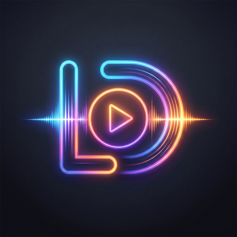 LumaDeck neon logo — an LD monogram with an embedded play triangle and audio waveform