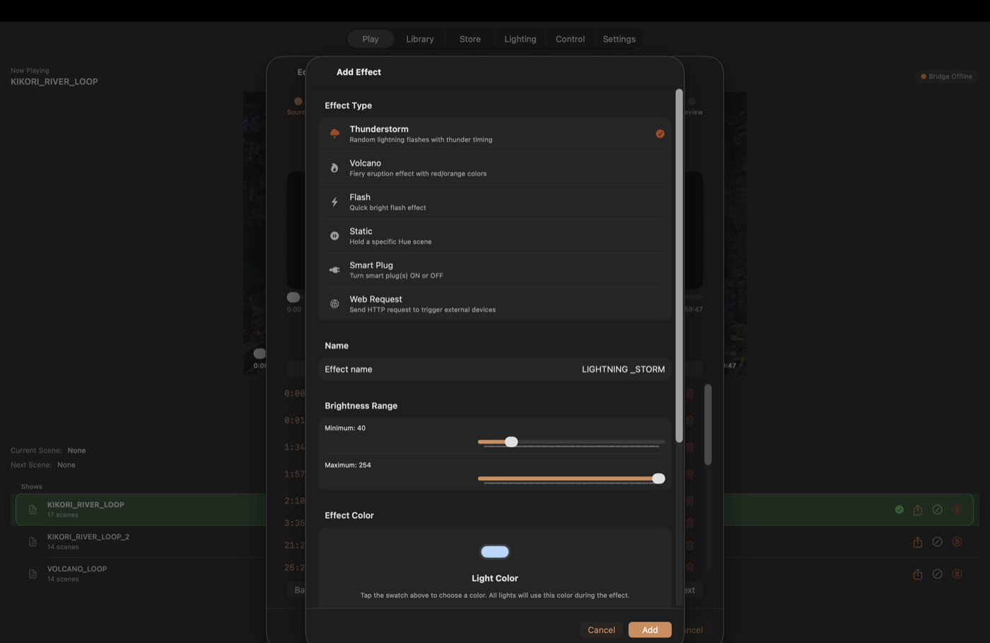 LumaDeck Add Effect — choosing an effect type with brightness range and color controls